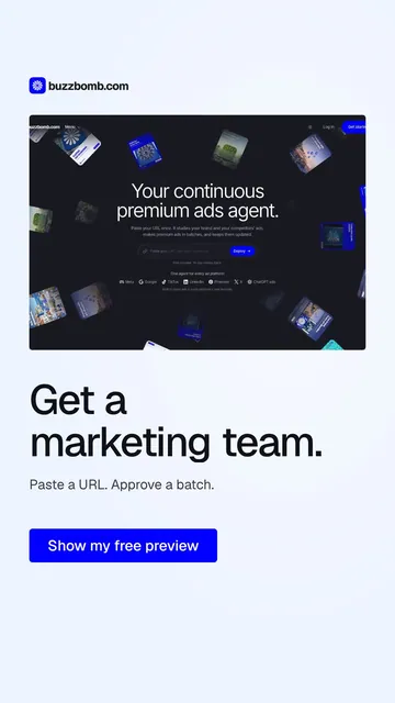 Video for BuzzBomb: "Get a marketing team.". Doc motion loop, 7.0 s, light palette.
