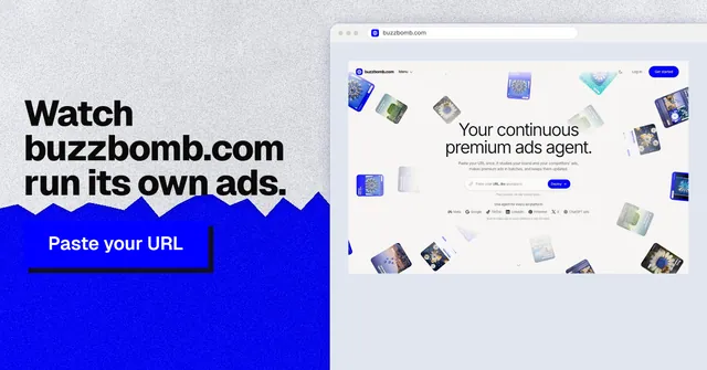 Social ad for BuzzBomb: "Watch buzzbomb.com run its own ads." Paper trio style, browser layout, light palette in blue, white, grey.