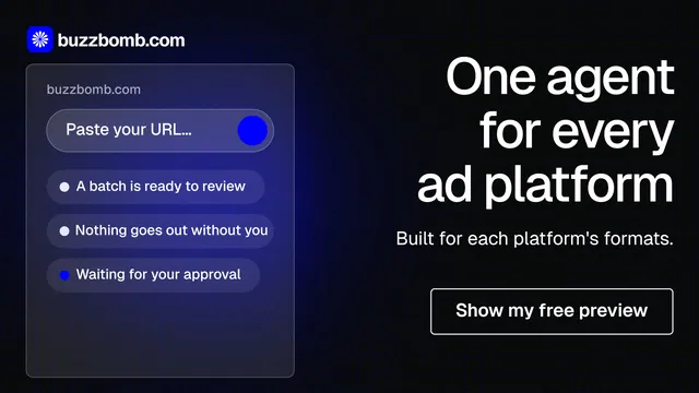 Landscape graphic for BuzzBomb: "One agent for every ad platform". Phosphor atlas style, right layout, dark palette in black, blue, grey.
