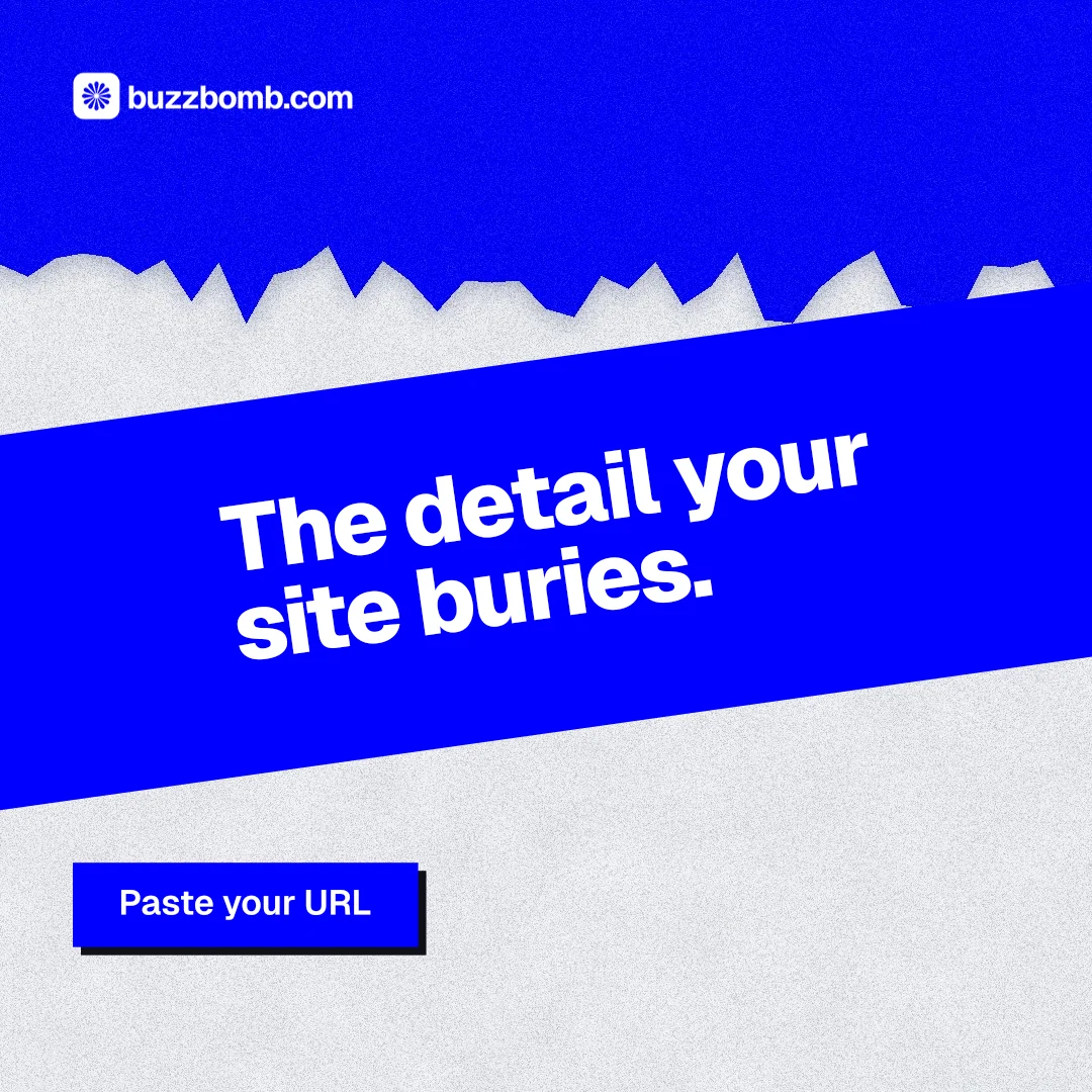 Instagram post for BuzzBomb: "The detail your site buries." Paper trio style, diagonal layout, dark palette in blue, white.
