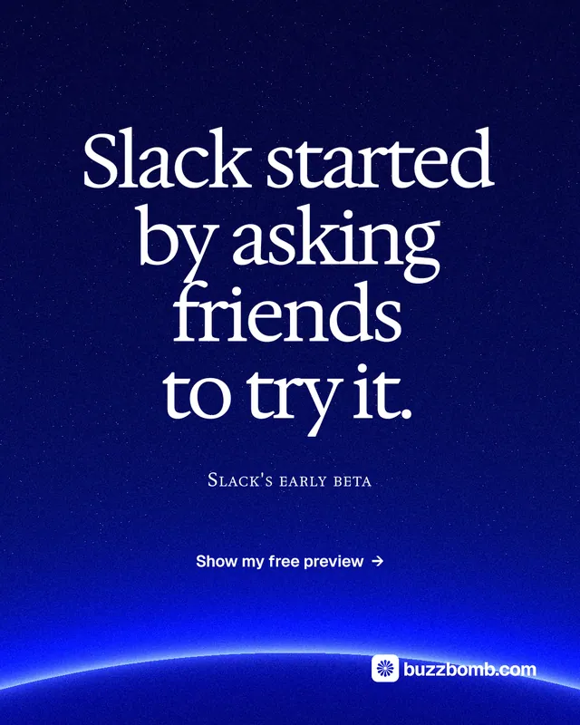 Instagram portrait post for BuzzBomb: "Slack started by asking friends to try it." Swiss style, smallcaps layout, dark palette in blue.
