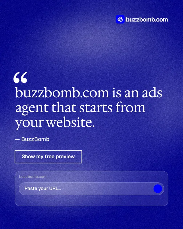 Instagram portrait post for BuzzBomb: "buzzbomb.com is an ads agent that starts from your website." Cyanotype style, quote layout, dark palette in blue.