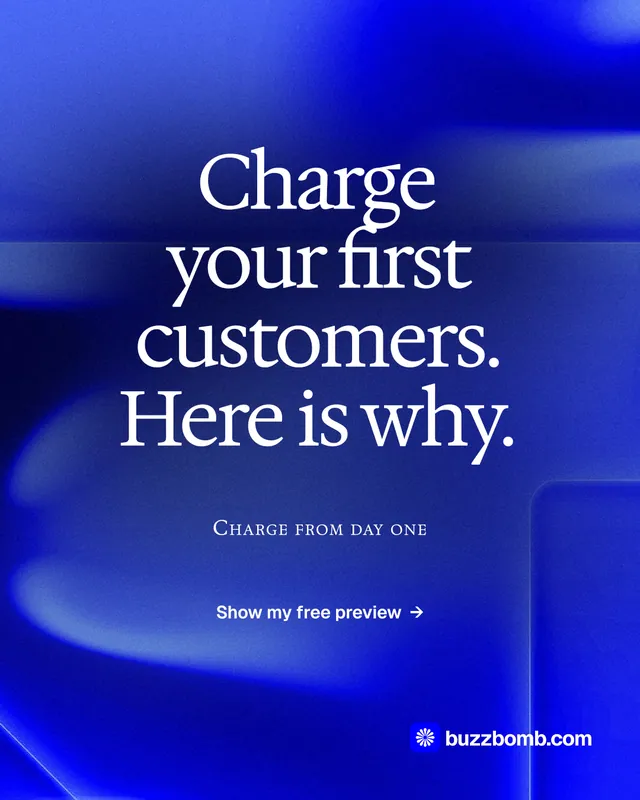 Instagram portrait post for BuzzBomb: "Charge your first customers. Here is why." Swiss style, smallcaps layout, dark palette in blue.