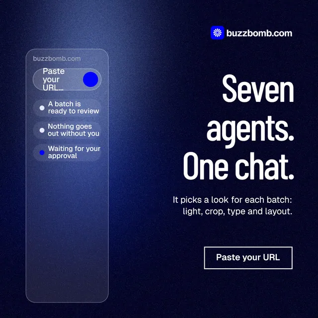 Instagram post for BuzzBomb: "Seven agents. One chat." Dark deco style, right layout, dark palette in blue, black.