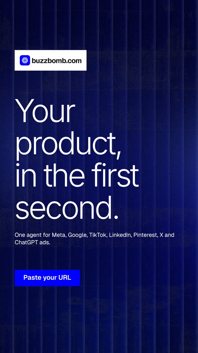Instagram story for BuzzBomb: "Your product, in the first second." Swiss style, announce layout, dark palette in blue, grey.