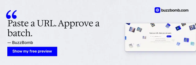 X header for BuzzBomb: "Paste a URL. Approve a batch." Swiss style, quote layout, light palette in white, blue.