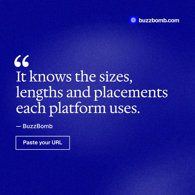 Instagram post for BuzzBomb: "It knows the sizes, lengths and placements each platform uses." Cyanotype style, quote layout, dark palette in blue.