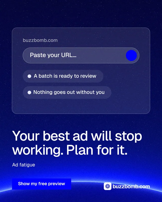 Instagram portrait post for BuzzBomb: "Your best ad will stop working. Plan for it." Swiss style, bottom layout, dark palette in blue.