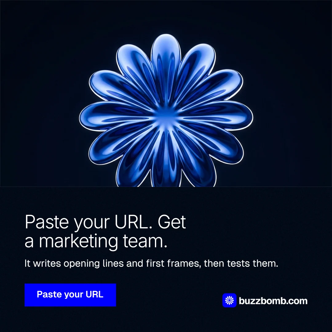 Instagram post for BuzzBomb: "Paste your URL. Get a marketing team." Swiss style, bottom layout, dark palette in black, blue.