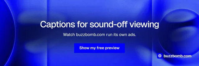 X header for BuzzBomb: "Captions for sound-off viewing". Swiss style, centred layout, dark palette in blue.