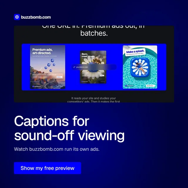 Video for BuzzBomb: "Captions for sound-off viewing". Doc motion loop, 7.0 s, dark palette.