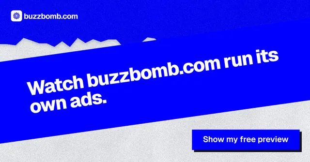 Social ad for BuzzBomb: "Watch buzzbomb.com run its own ads." Paper trio style, diagonal layout, dark palette in blue.