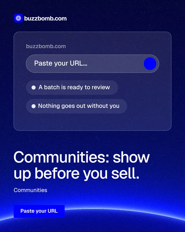 Instagram portrait post for BuzzBomb: "Communities: show up before you sell." Swiss style, bottom layout, dark palette in blue.