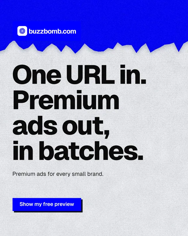 Instagram portrait post for BuzzBomb: "One URL in. Premium ads out, in batches." Paper trio style, announce layout, light palette in white, blue, grey.