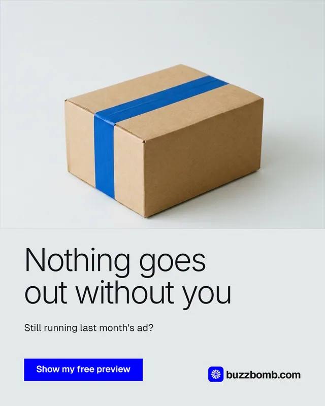 Instagram portrait post for BuzzBomb: "Nothing goes out without you". Swiss style, bottom layout, light palette in white, grey.