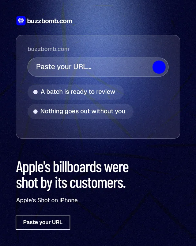 Instagram portrait post for BuzzBomb: "Apple's billboards were shot by its customers." Dark deco style, bottom layout, dark palette in blue, black.