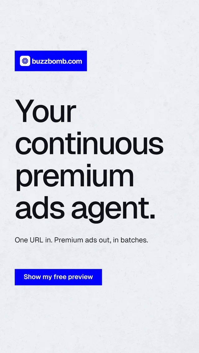 Instagram story for BuzzBomb: "Your continuous premium ads agent." Swiss style, announce layout, light palette in white, blue.