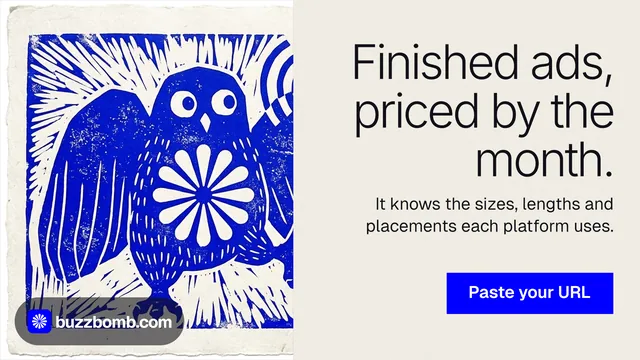 Landscape graphic for BuzzBomb: "Finished ads, priced by the month." Swiss style, right layout, light palette in yellow, blue, grey.