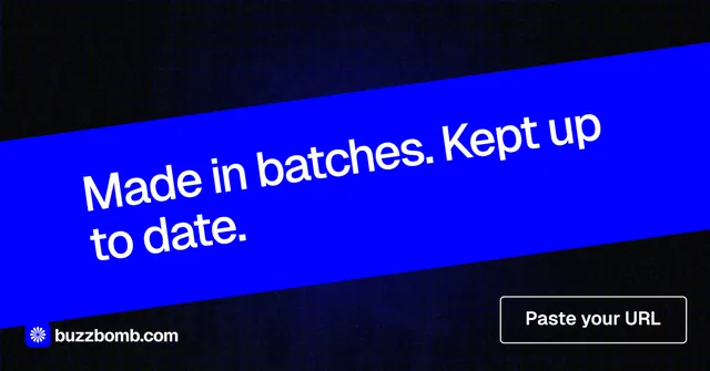 Social ad for BuzzBomb: "Made in batches. Kept up to date." Phosphor atlas style, diagonal layout, dark palette in black, blue.
