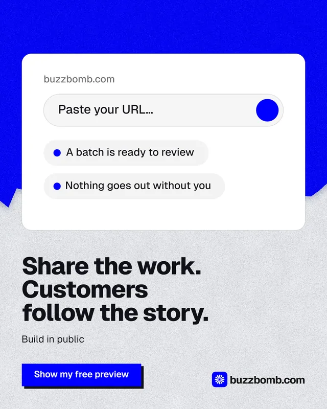 Instagram portrait post for BuzzBomb: "Share the work. Customers follow the story." Paper trio style, bottom layout, light palette in white, blue, grey.