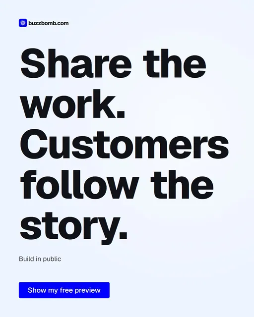 Video for BuzzBomb: "Share the work. Customers follow the story.". Doc motion loop, 6.0 s, light palette.