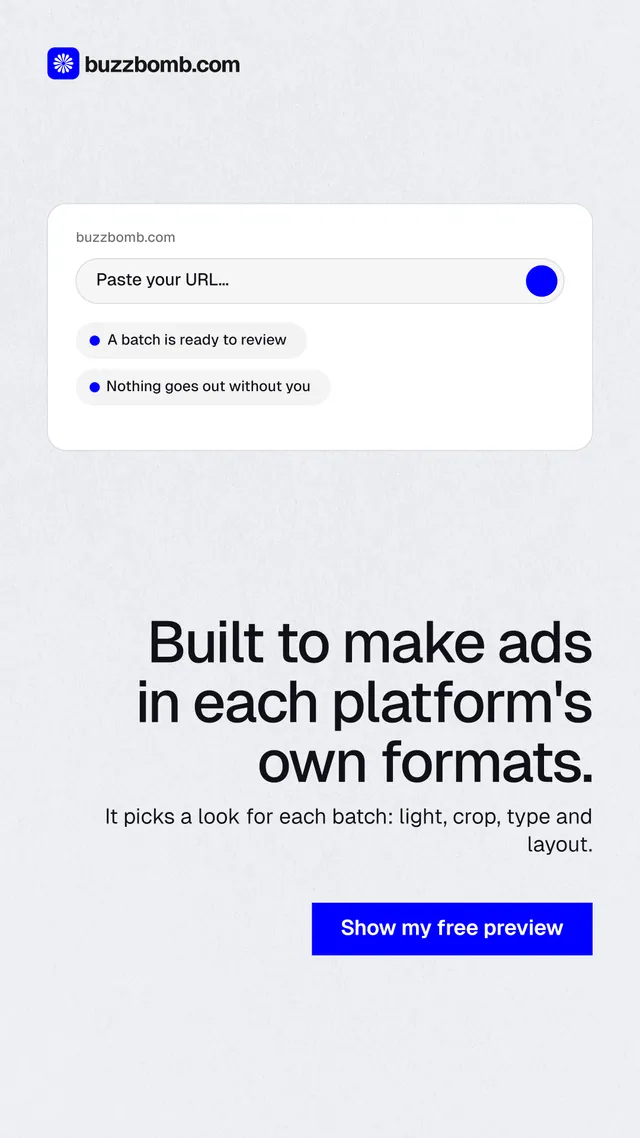 Instagram story for BuzzBomb: "Built to make ads in each platform's own formats." Swiss style, right layout, light palette in white, blue.