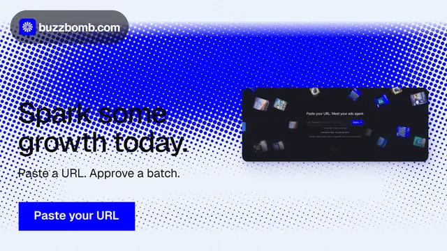 Landscape graphic for BuzzBomb: "Spark some growth today." Swiss style, bottom layout, light palette in blue, white.