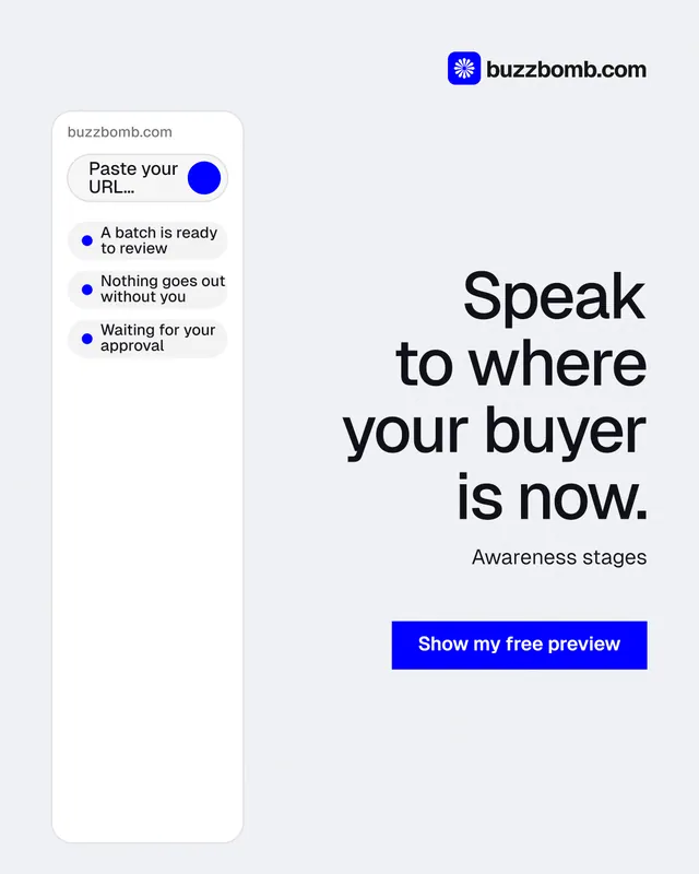 Instagram portrait post for BuzzBomb: "Speak to where your buyer is now." Swiss style, right layout, light palette in white, blue.