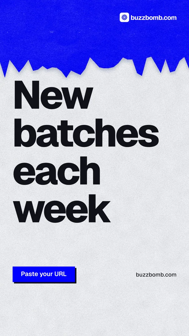 Instagram story for BuzzBomb: "New batches each week". Paper trio style, poster layout, light palette in white, blue, grey.