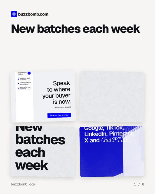 Carousel for BuzzBomb: "New batches each week". Collection carousel, 8 slides, light palette.