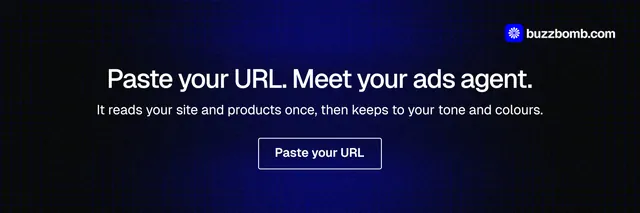 X header for BuzzBomb: "Paste your URL. Meet your ads agent." Phosphor atlas style, centred layout, dark palette in black, blue, grey.