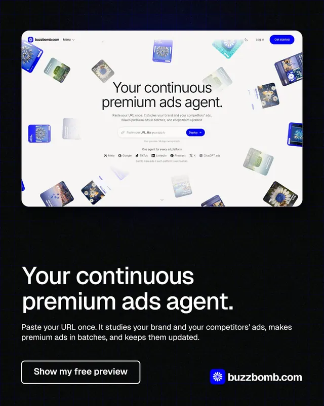Instagram portrait post for BuzzBomb: "Your continuous premium ads agent." Phosphor atlas style, bottom layout, dark palette in white, black, grey.