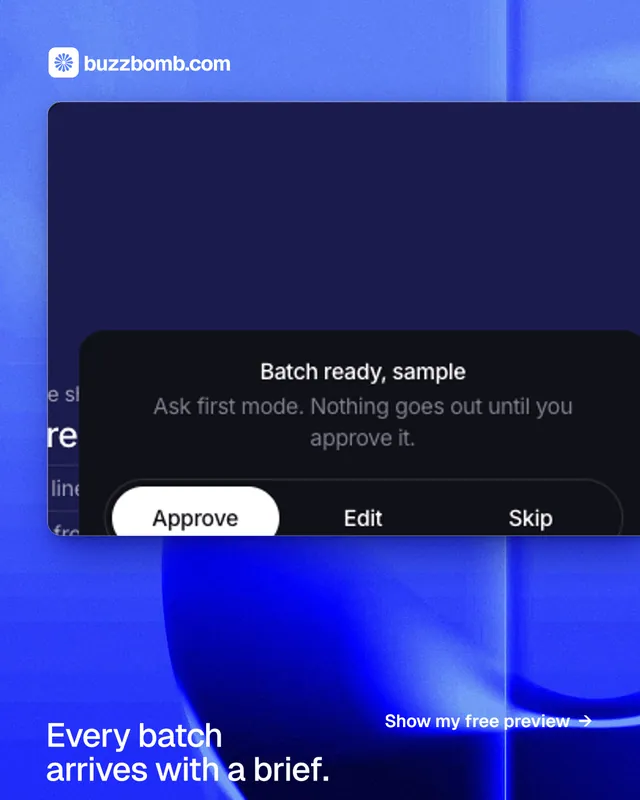 Instagram portrait post for BuzzBomb: "Every batch arrives with a brief." Swiss style, image led layout, dark palette in blue.