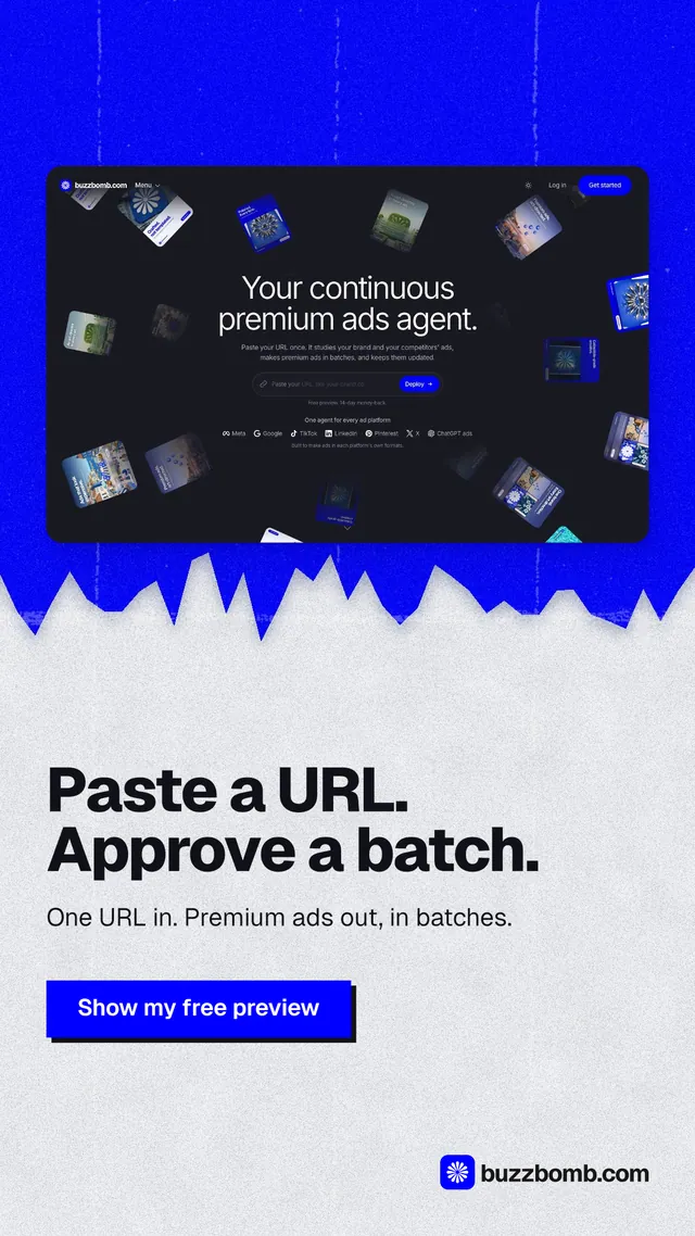 Instagram story for BuzzBomb: "Paste a URL. Approve a batch." Paper trio style, bottom layout, light palette in blue, white, grey.