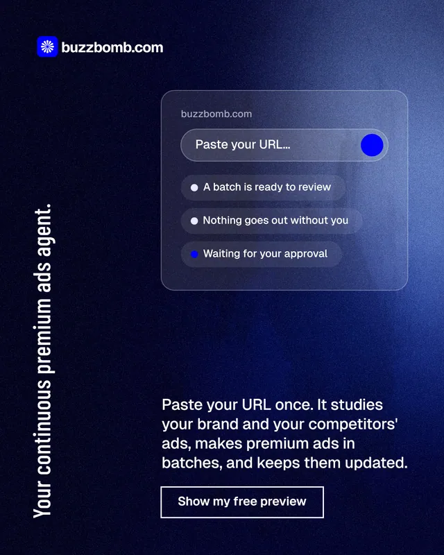 Instagram portrait post for BuzzBomb: "Your continuous premium ads agent." Dark deco style, vertical layout, dark palette in black, blue.