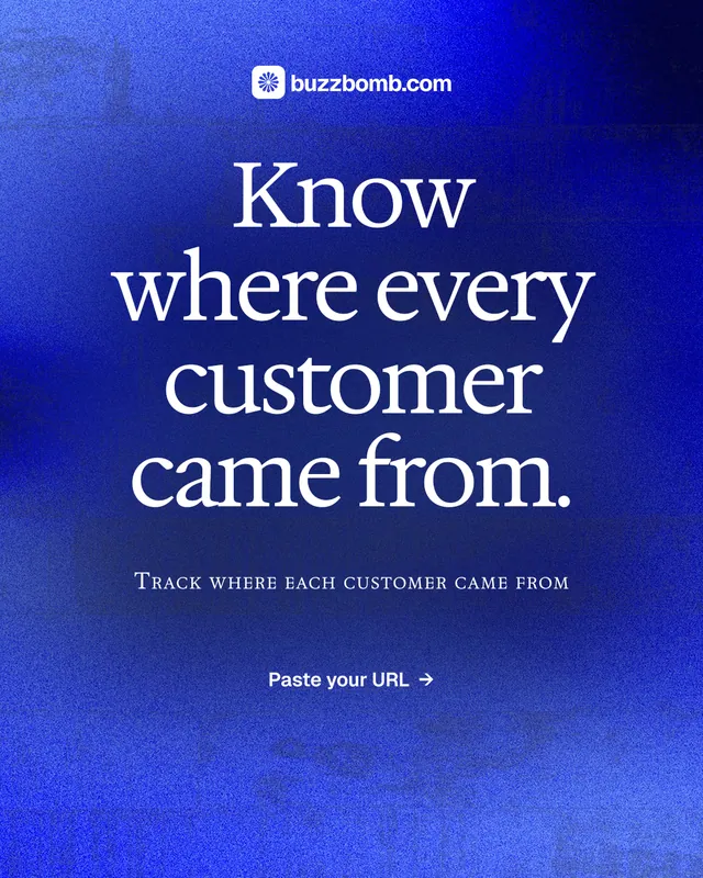 Instagram portrait post for BuzzBomb: "Know where every customer came from." Swiss style, smallcaps layout, dark palette in blue.