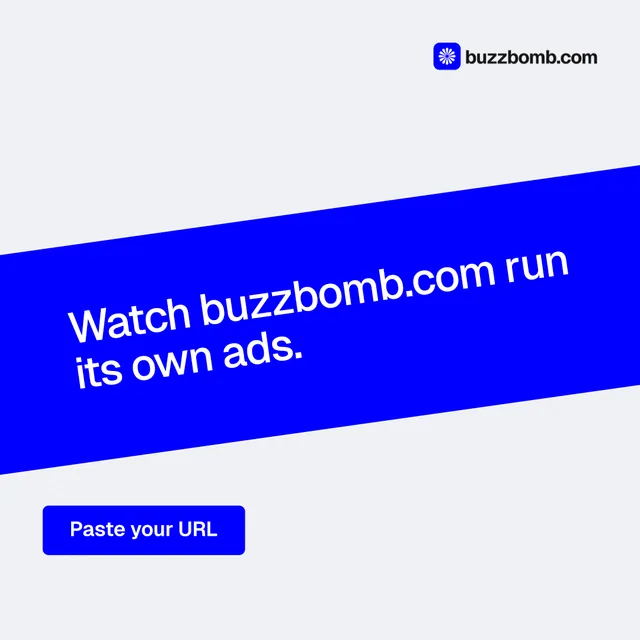 Instagram post for BuzzBomb: "Watch buzzbomb.com run its own ads." Data card style, diagonal layout, light palette in white, blue.