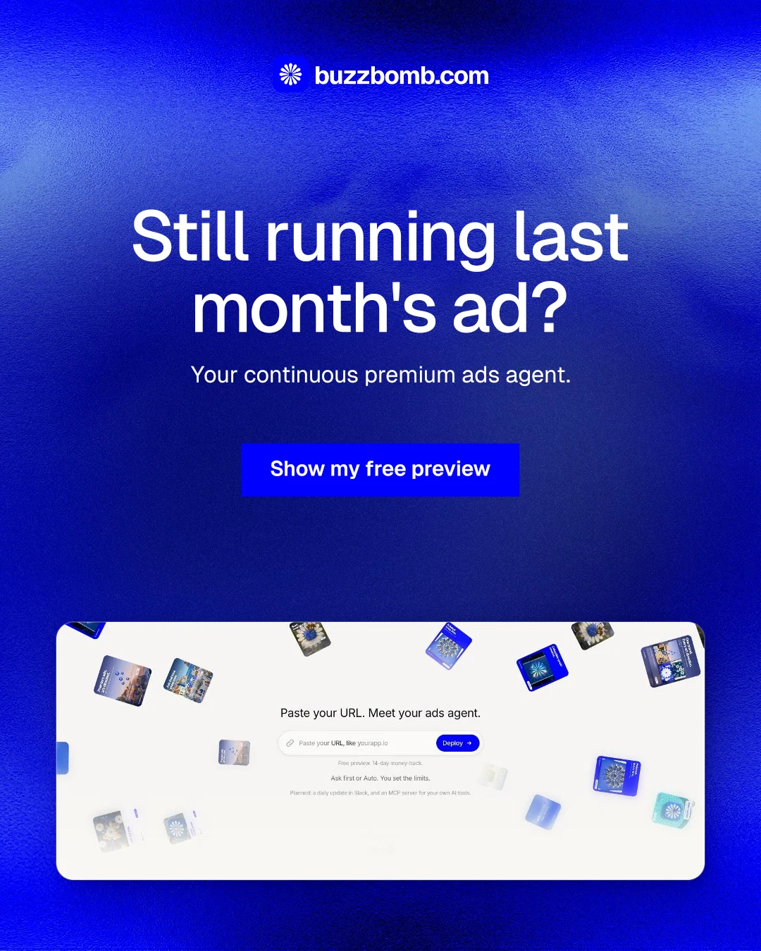 Instagram portrait post for BuzzBomb: "Still running last month's ad?" Swiss style, centred layout, dark palette in blue.