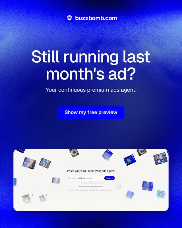 Instagram portrait post for BuzzBomb: "Still running last month's ad?" Swiss style, centred layout, dark palette in blue.