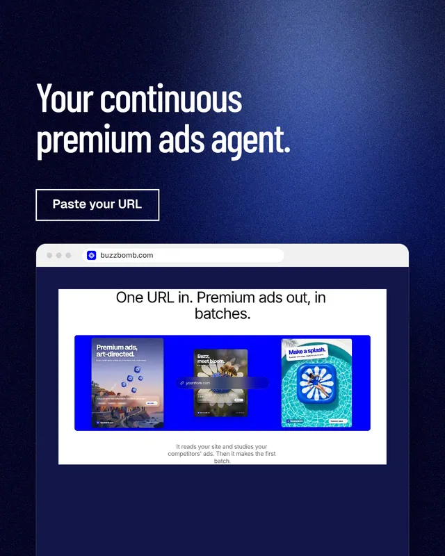 Instagram portrait post for BuzzBomb: "Your continuous premium ads agent." Dark deco style, browser layout, dark palette in blue, black.