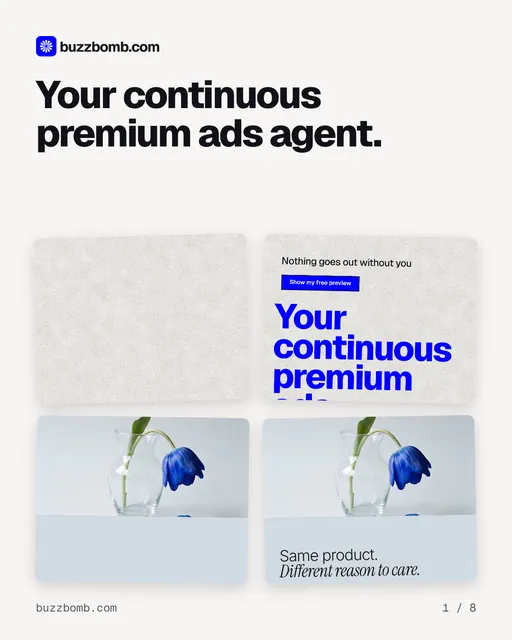 Carousel for BuzzBomb: "Your continuous premium ads agent.". Collection carousel, 8 slides, light palette.