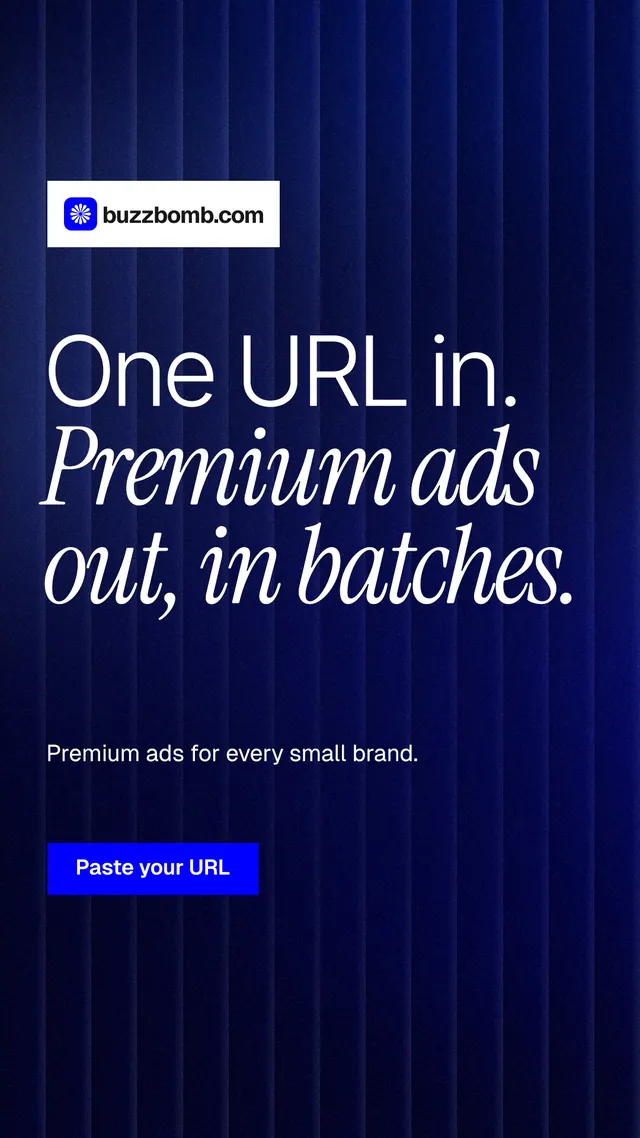 Instagram story for BuzzBomb: "One URL in. Premium ads out, in batches." Swiss style, announce layout, dark palette in black, blue, grey.
