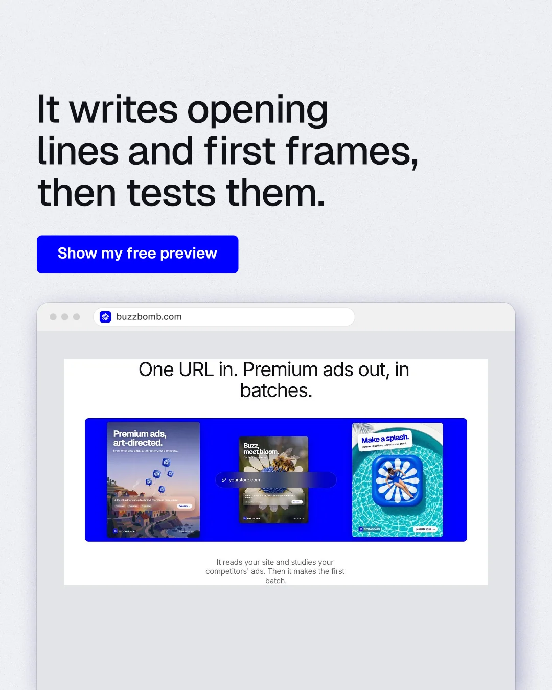 Instagram portrait post for BuzzBomb: "It writes opening lines and first frames, then tests them." Data card style, browser layout, light palette in white, blue.