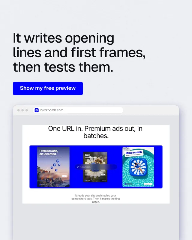 Instagram portrait post for BuzzBomb: "It writes opening lines and first frames, then tests them." Data card style, browser layout, light palette in white, blue.