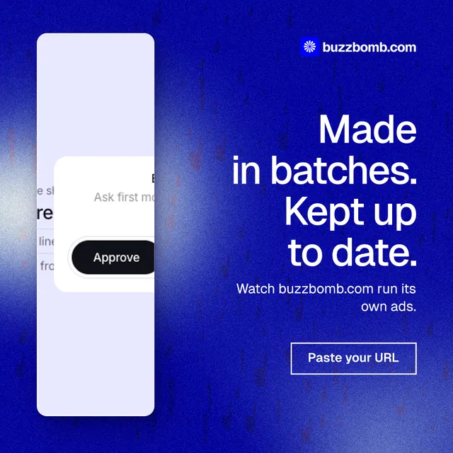 Instagram post for BuzzBomb: "Made in batches. Kept up to date." Cyanotype style, right layout, dark palette in blue.