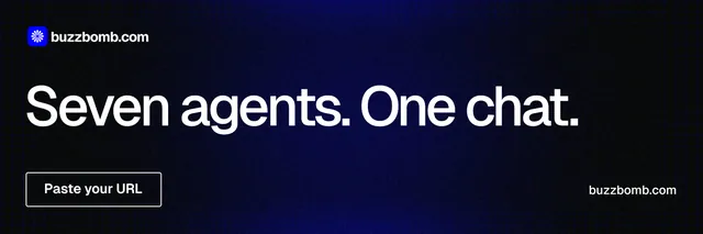 X header for BuzzBomb: "Seven agents. One chat." Phosphor atlas style, poster layout, dark palette in black, blue, grey.