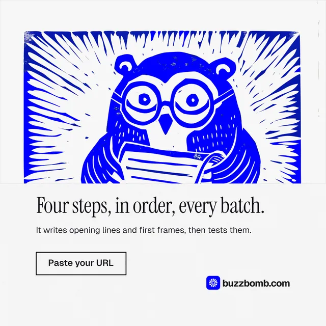 Instagram post for BuzzBomb: "Four steps, in order, every batch." Editorial style, bottom layout, light palette in white, blue.