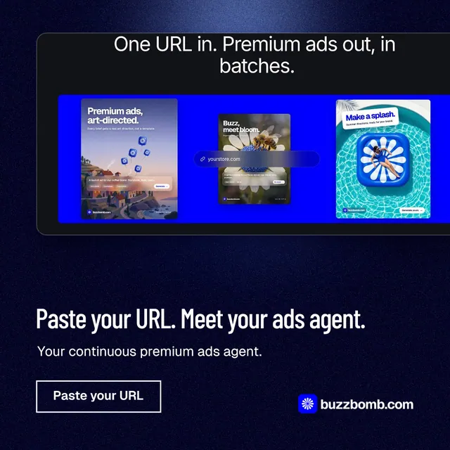 Instagram post for BuzzBomb: "Paste your URL. Meet your ads agent." Dark deco style, bottom layout, dark palette in black, blue.