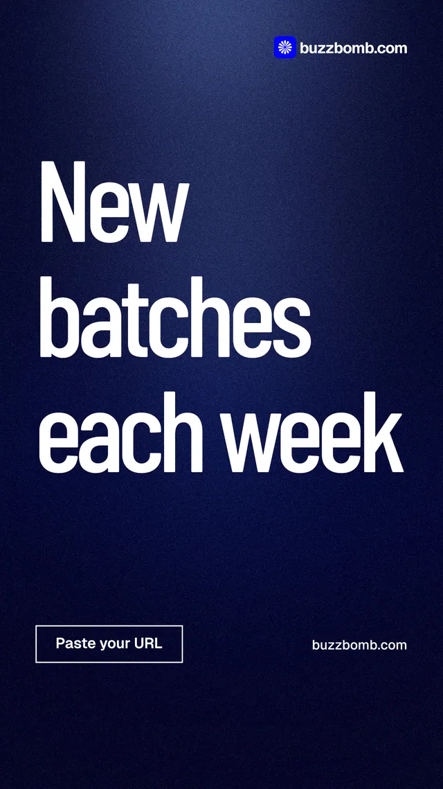 Instagram story for BuzzBomb: "New batches each week". Dark deco style, poster layout, dark palette in black, blue, grey.