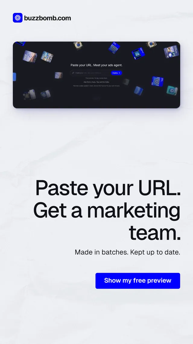 Instagram story for BuzzBomb: "Paste your URL. Get a marketing team." Data card style, right layout, light palette in white, blue.